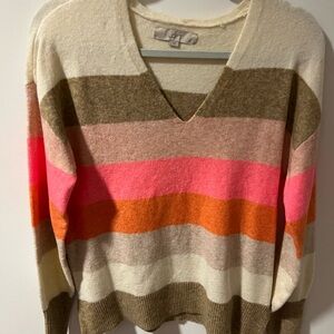 LOFT Cream and Pink V-Neck Sweater